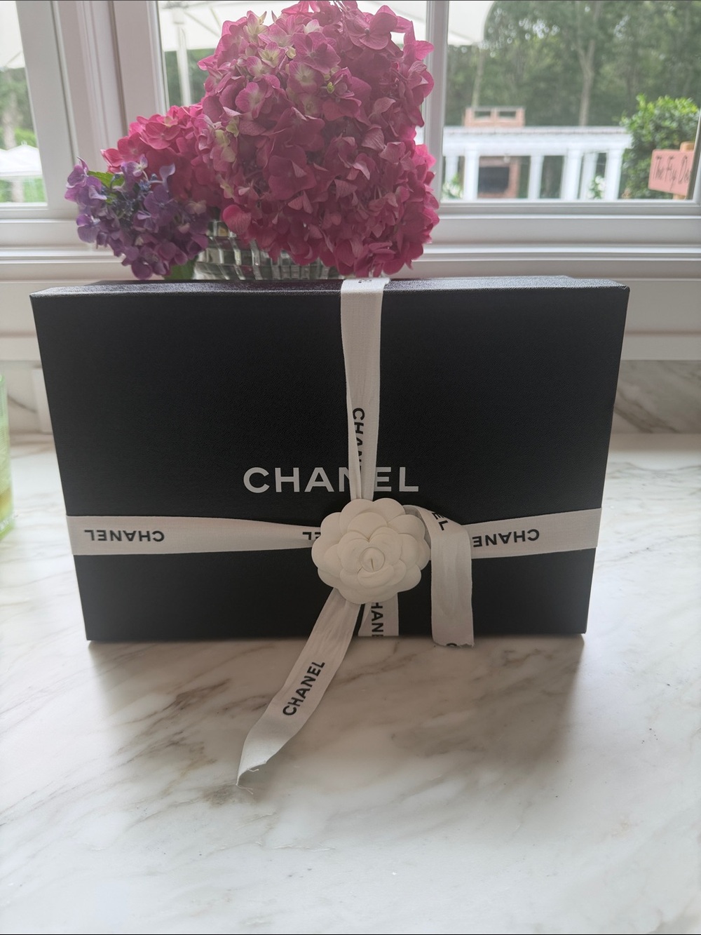 CHANEL Black Gift Box with White Ribbon and Camellia